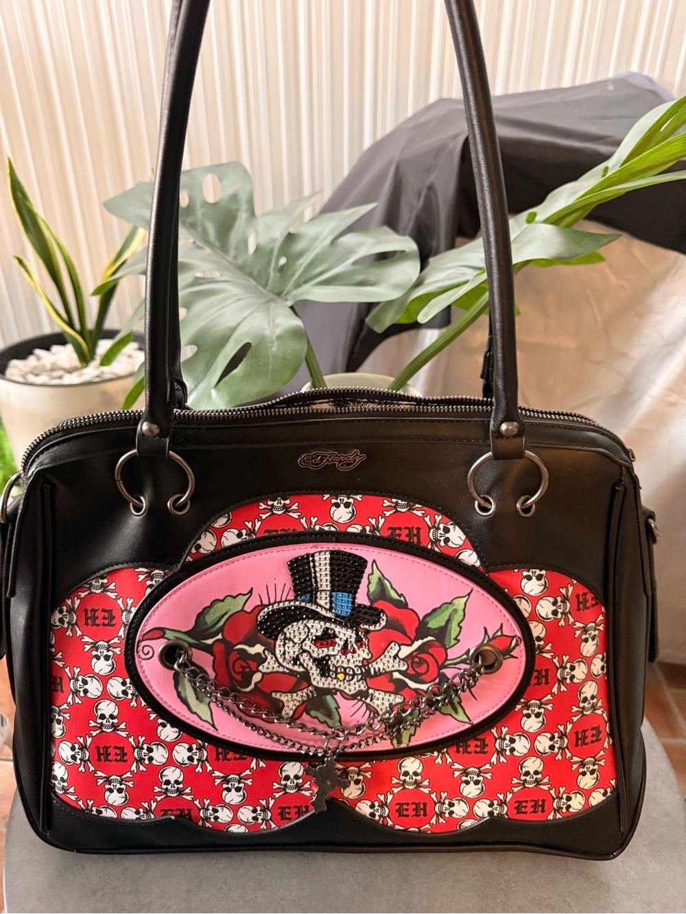 Ed Hardy Black Shoulder Bag with Pink Skull Medallion & Red Pattern
